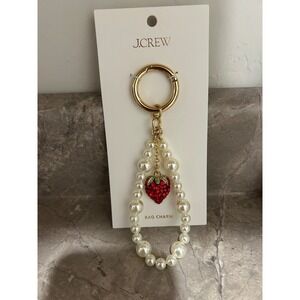 J.Crew Strawberry Pearl Bag Charm Red Rhinestone Gold Tone Keychain CC316 NEW